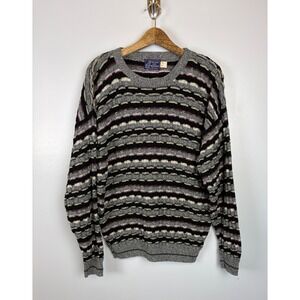 Peconic Bay Traders Vintage 90s Mens Large 3D Knit Stripe Cotton Sweater Grandpa